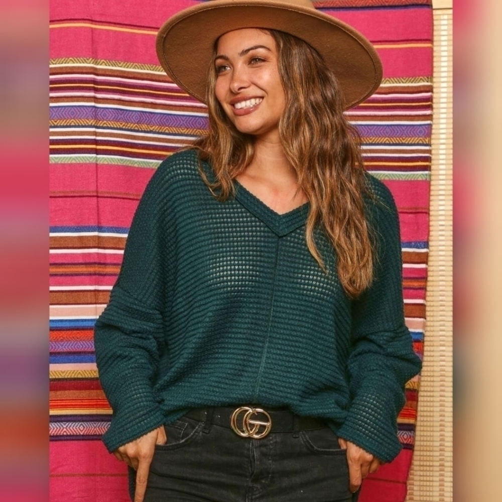 Hunter Green Long Sleeve Solid Waffle Knit Loose Fit V-neckline Top